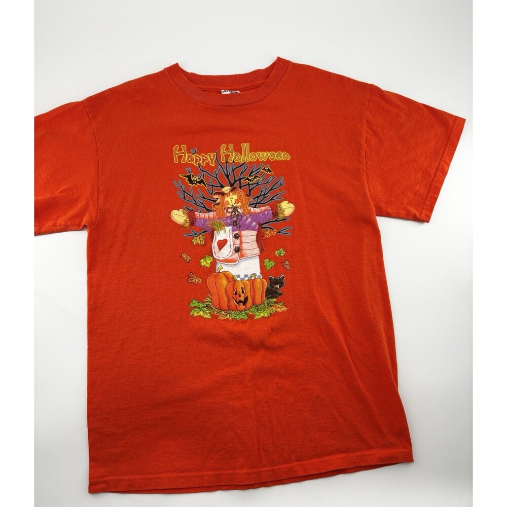Vintage Delta Pro Weight Halloween T-Shirt Size Medium Red Scarecrow Pumpkin Cat